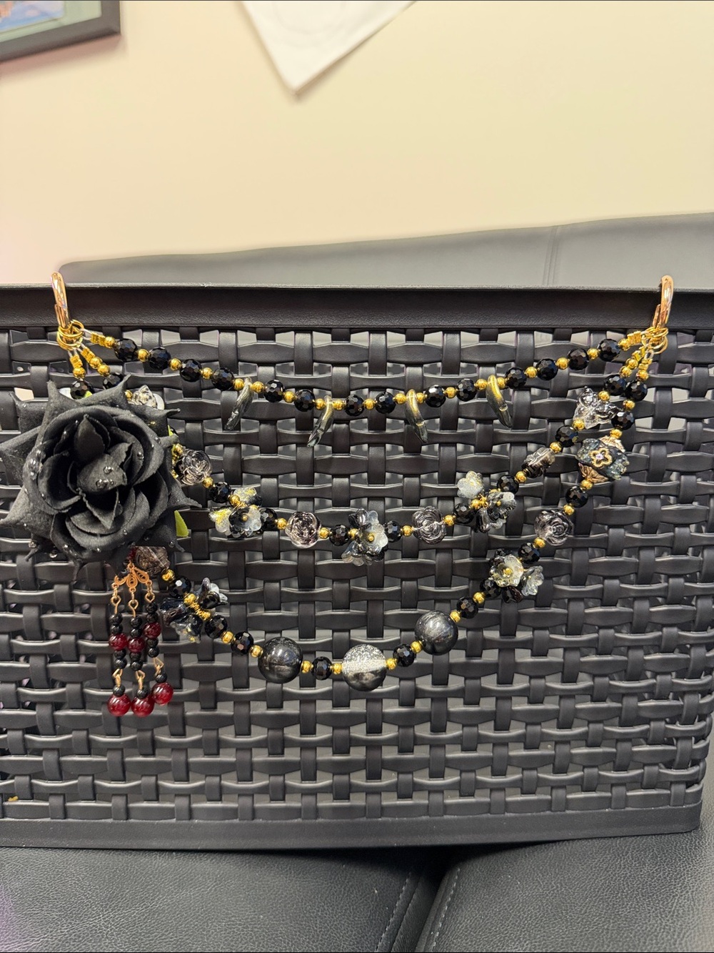 Elegant Black and Gold Floral Statement Chain and Charms for Backpack or Purse.